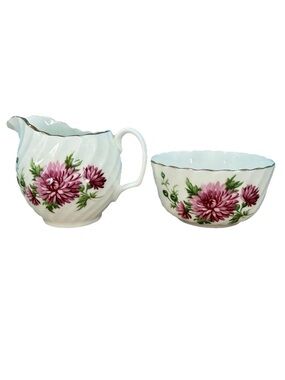 VTG Adderley Fine Bone China Creamer & Sugar Bowl Set Pink Mums Cottagecore ENG